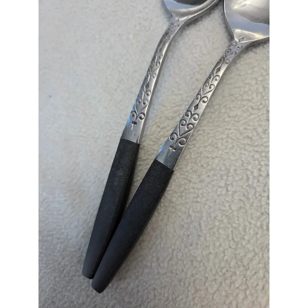Lot 2 Vintage Interpur Stainless Japan Teaspoon Silverware Flatware Black Swirl - Picture 2 of 6